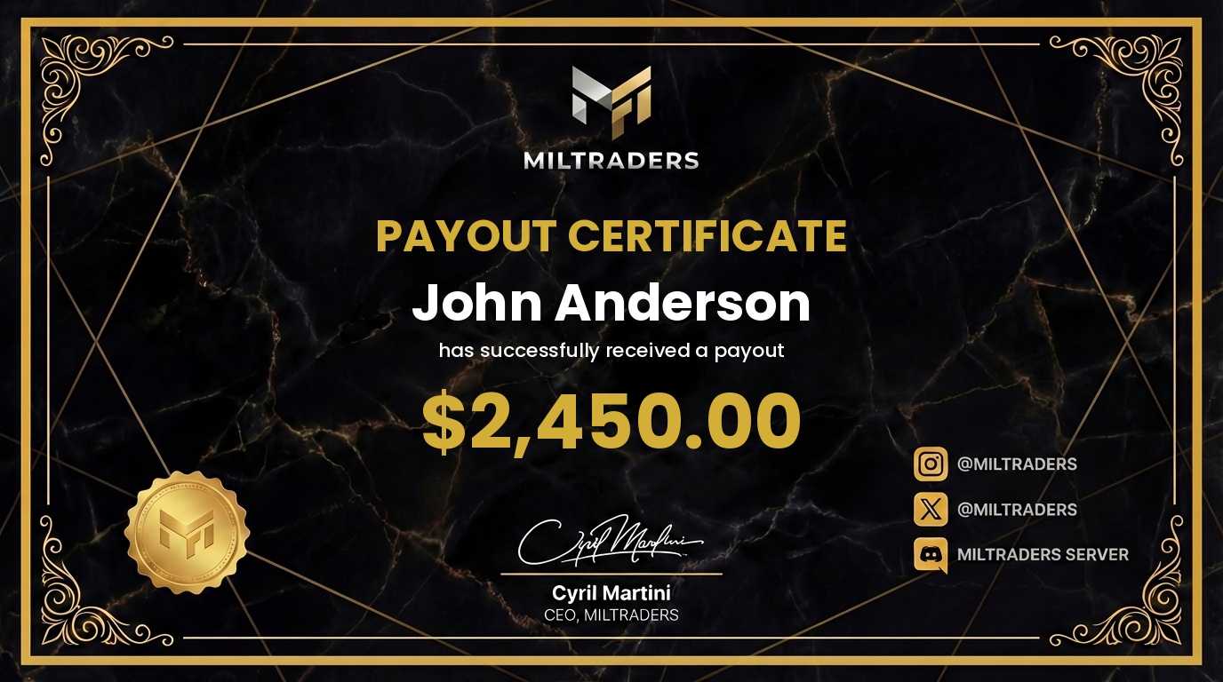 Miltraders payout certificate for a 2,450 dollar trader payout